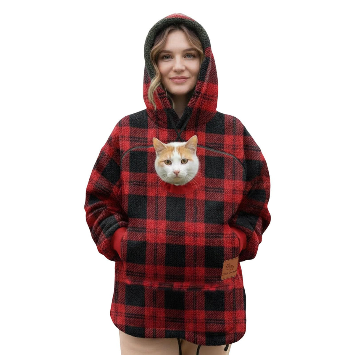 Pawdie hoodie in red plaid with a cat in the pouch