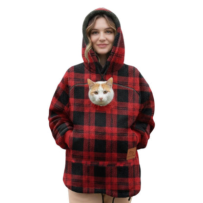 Pawdie hoodie in red plaid with a cat in the pouch