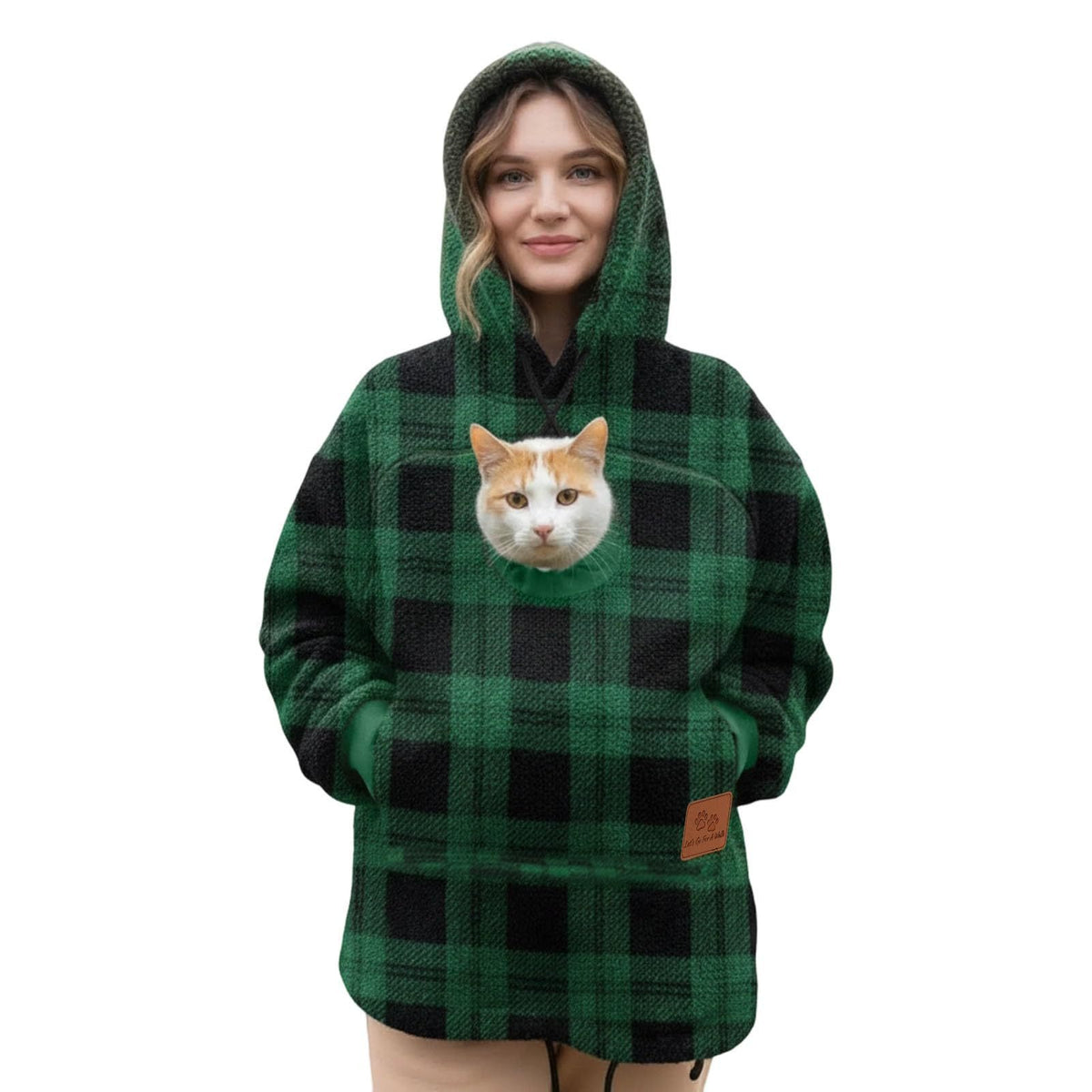 Pawdie hoodie in green plaid with a cat in the pouch