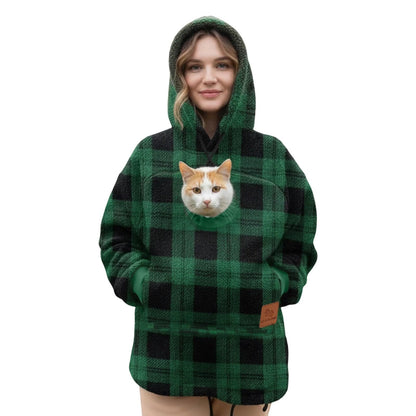 Pawdie hoodie in green plaid with a cat in the pouch