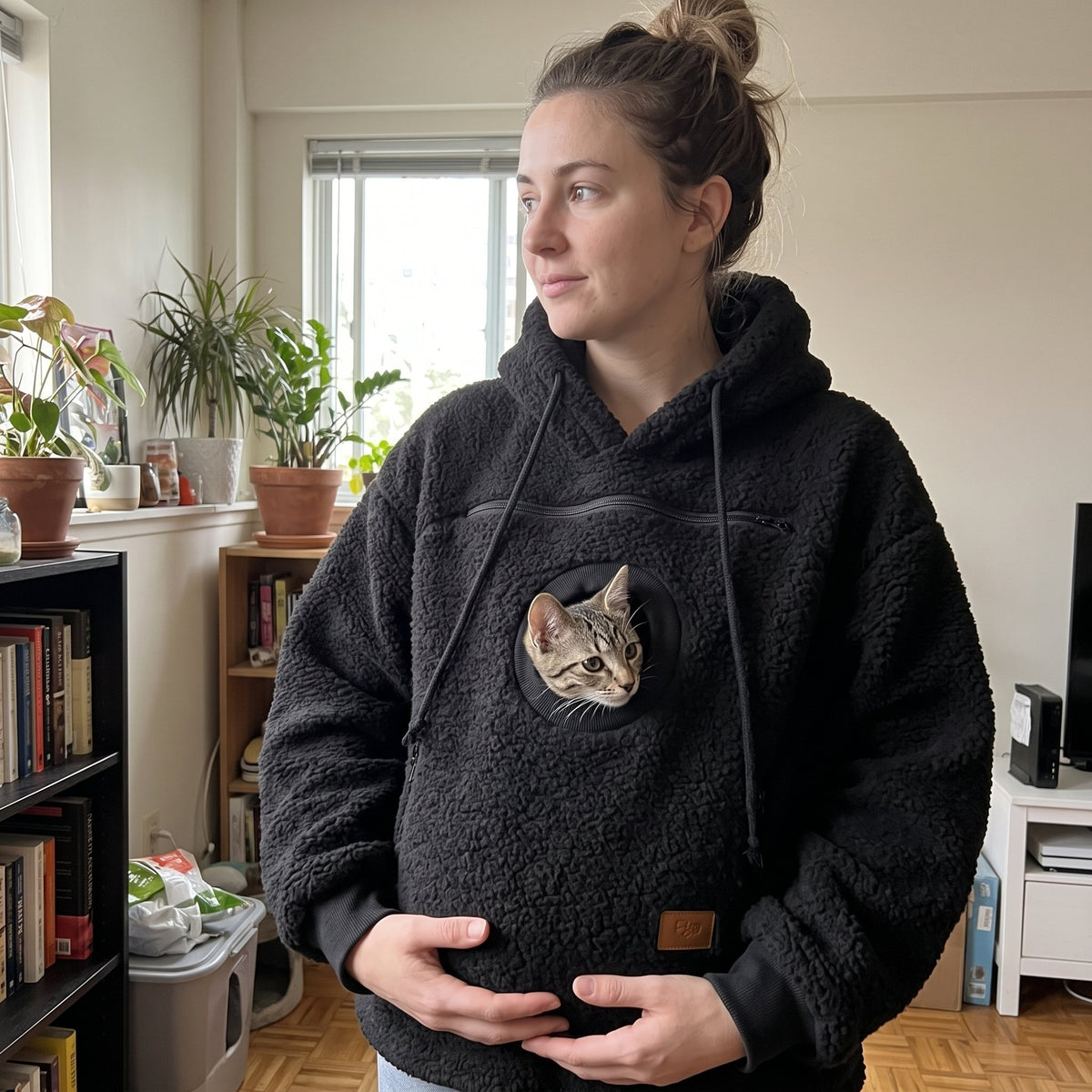 Tabby cat peeking out of the pouch of a black Pawdie hoodie