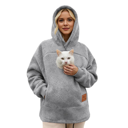 Pawdie hoodie in grey with a white cat in the pouch