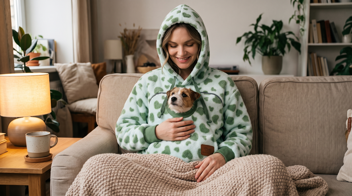 Woman on a cozy sofa in a green heart Pawdie hoodie with a small dog peeking out of the pouch
